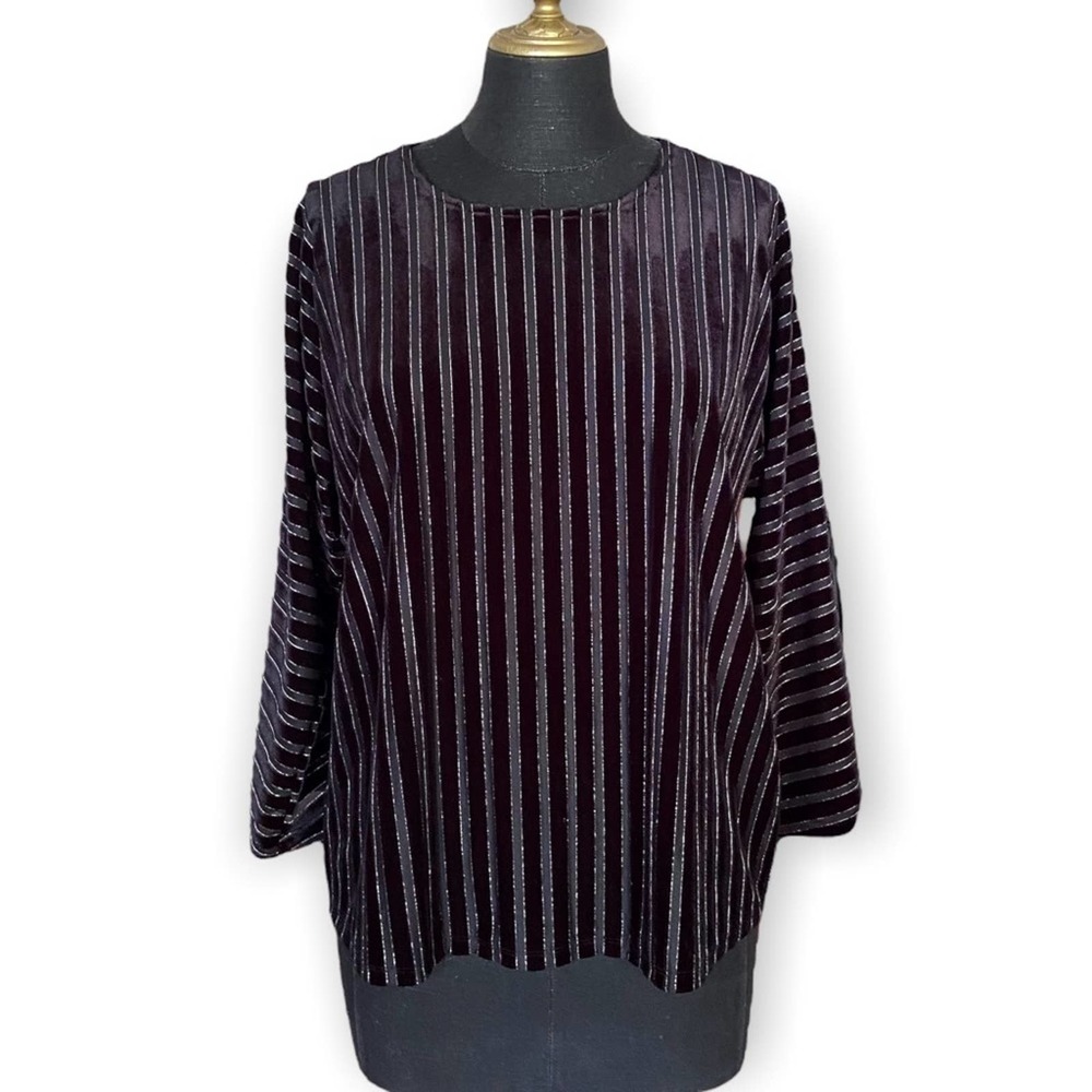 J. Jill Top Blouse Wearever 3/4 Sleeve Striped Black Silver Size Small NWT